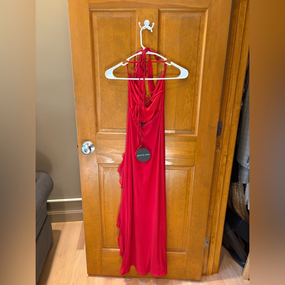 White Fox Boutique Red Halter Maxi Dress with Ruffle Slit - Picture 11 of 14